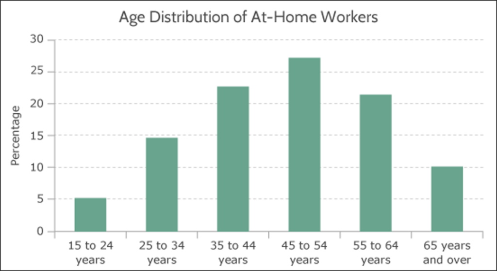 The bar graph is titled "Age Distribution of At-Home Workers". The x-axis organizes the age groups, and the y-axis is labeled "Percentage". The age groups are distributed as follows: 15-24 years (5%), 25-34 years (14%), 35-44 years (23%), 45-54 years (27%), 55-64 years (22%), 65 years and over (10%).