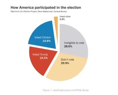 A pie chart of How America participated in the election. Data from U.S. Election Project, Dave Wasserman, Census Bureau. The "Ineligible to vote" section is 28.6%, the "Didn't vote" section is 29.9%, the "Voted Trump" section is 19.5%, the "Voted Clinton" section is 19.8%, and the "Voted other" section is 2.2%.