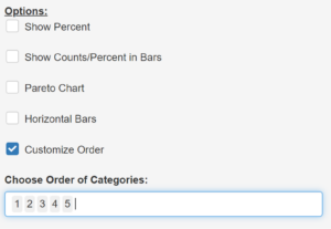 Underneath a heading reading "Options," there is a checklist with the items "Show Percent," "Show Counts/Percent in Bars," "Pareto Chart," "Horizontal Bars," and "Customize Order." "Customize Order" is checked. Underneath the checklist, it reads "Choose Order of Categories." Beneath that is a text entry box reading "1, 2, 3, 4, 5."