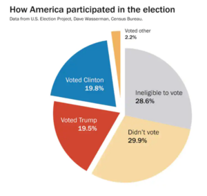 A pie chart of How America participated in the election. Data from U.S. Election Project, Dave Wasserman, Census Bureau. The "Ineligible to vote" section is 28.6%, the "Didn't vote" section is 29.9%, the "Voted Trump" section is 19.5%, the "Voted Clinton" section is 19.8%, and the "Voted other" section is 2.2%.