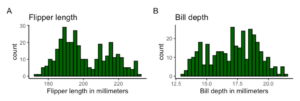 Two bar charts are shown. Chart A is labeled flipper length, with count on the y-axis and flipper length in millimeters on the x-axis. The data has two peaks, with one trough separating the peaks. Chart B is labeled Bill depth, with count on the y-axis and bill depth in millimeters on the x-axis. The data has multiple peaks, with small but fairly defined dips between each peak.