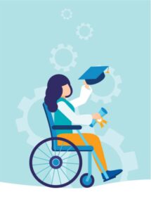 A woman in a wheelchair holding a diploma in one hand and raising a graduation cap in the other.