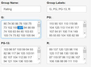 A selection menu, showing headings "Group Name," "Group Labels," "G," "PG," "PG-13," and "R." In the "G" section, 357 is highlighted.