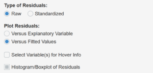 A selection menu. The first heading reads "Types of Residuals" and beneath it, "Raw" is selected and "Standardized" is unselected. The next heading reads "Plot Residuals" and beneath it, "Versus Explanatory Variable" is unselected and "Versus Fitted Values" is selected. Beneath these, is an unchecked box for "Select Variable(s) for Hover Info" and another box is selected in gray for "Histogram/Boxplot of Residuals."