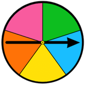 A circle divided into five sections of equal size, but each a different color: pink, orange, yellow, blue, and green, respectively. There is an arrow going through the center.