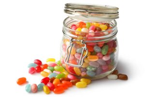 An open jar of jelly beans