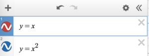 The desmos graphing calculator interface. In the first equation space, "y = x" has been written. In the second, "y = x squared" has been written. The first equation has a red curve symbol next to it and the second has a blue curve symbol next to it.