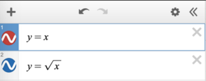 The desmos graphing calculator interface. In the first equation space, "y = x" has been written. In the second, "y = the square root of x" has been written. The first equation has a red curve symbol next to it and the second has a blue curve symbol next to it.
