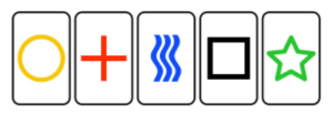 An illustration of 5 cards. The first one has a yellow circle, the second has a red circle, the third has a there blue squiggly lines, the fourth has a black square, and the fifth has a green star.