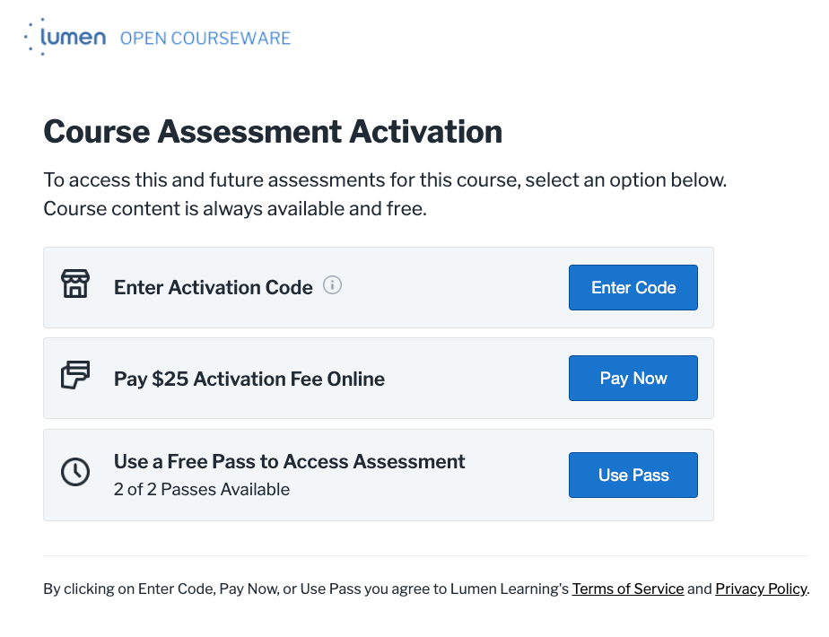 Screenshot of the course assessment activation screen, showing where you can enter an activation code, pay the $25 activation fee, or use a pass.