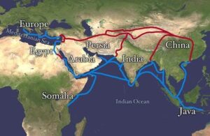 map of Europe, Africa, and Asia showing the Silk Road trade routes from Asia to Europe