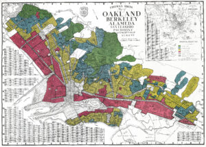 Map of Oakland, California showing areas designated in red, yellow, blue and green to show the Home Owners Loan Corporation's assessment of risk. Red indicates the most risk.