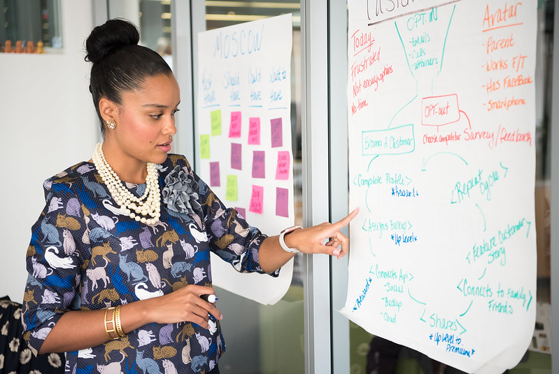 A woman presents ideas from a poster