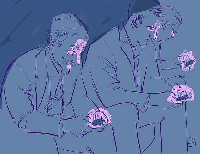 Drawing in shades of blue of three men in suits, seated, looking at purple phones which reflect purple light back on their faces