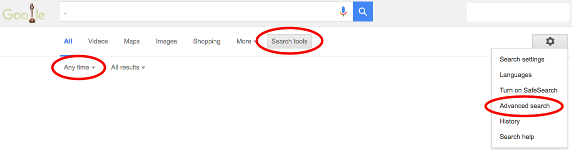 Google Search Tips screenshot showing the location of Search Tools below the google search bar (with the option to choose a timeframe below that) and advanced search in the right hand side of the screen under the settings option.