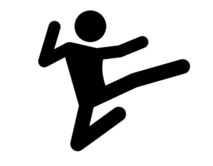 Icon of figure doing flying kick.