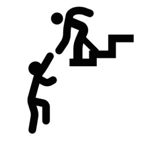 A figure helping another figure up the stairs.