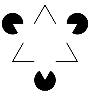 Gestalt image of showing a triangle with gaps in the middle of each side. No exterior do triângulo, três círculos deixam de fora uma pequena peça, fazendo-a parecer como se houvesse um segundo triângulo sobreposto no primeiro, embora seja realmente apenas o espaço negativo.