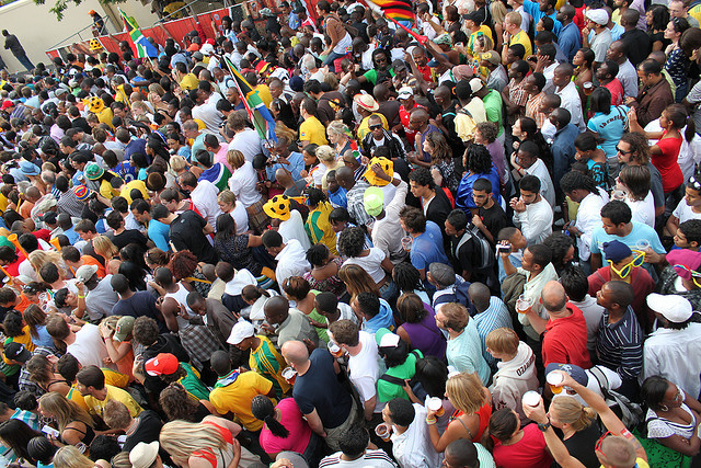 Overhead photograph of a large crowd.