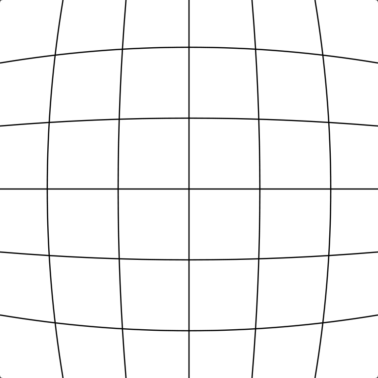 Image of gridlines show a bulging center and pinched corners.