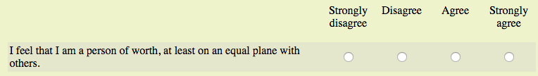 Texto de uma amostra de um inventário de personalidade que diz "Sinto que sou uma pessoa de valor, pelo menos num plano de igualdade com os outros". Então uma pessoa pode escolher entre discordar fortemente, discordar, concordar, ou concordar fortemente."I feel that I am a person of worth, at least on an equal plane with others." Then a person can choose either strongly disagree, disagree, agree, or strongly agree.