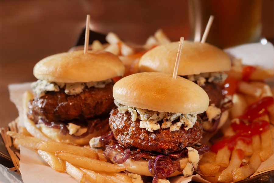 Beef Sliders with Allagash Curieux Caramelized Onions Bacon and Blue Cheese