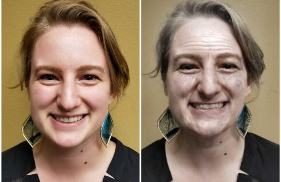 Young gal photo side by side with same gal but much older