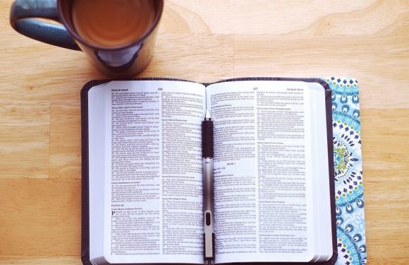 Open Bible, Journal, Cup of Coffee