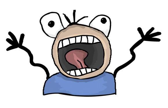 Cartoon figure waving hands in a panic
