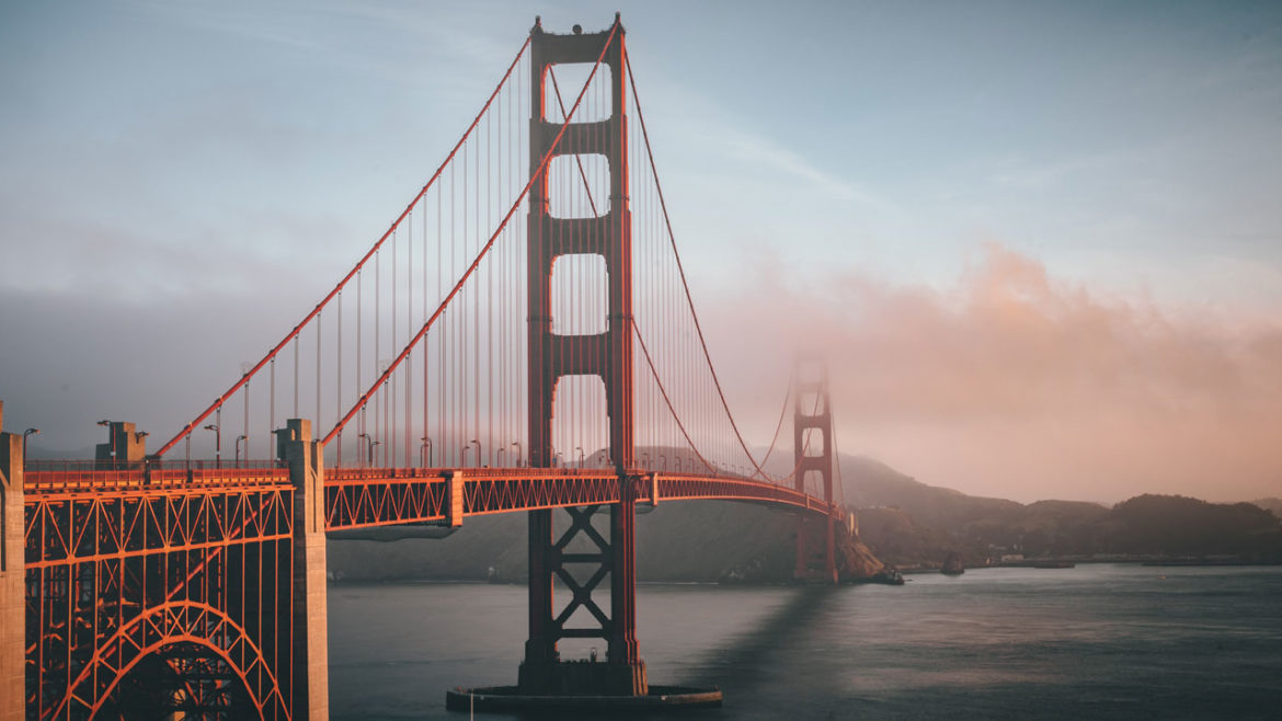 The golden gate bridge in San Francisco with fog