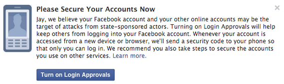 A warning Facebook users will see if the company believes a person has been attacked by a nation-state. (Facebook)