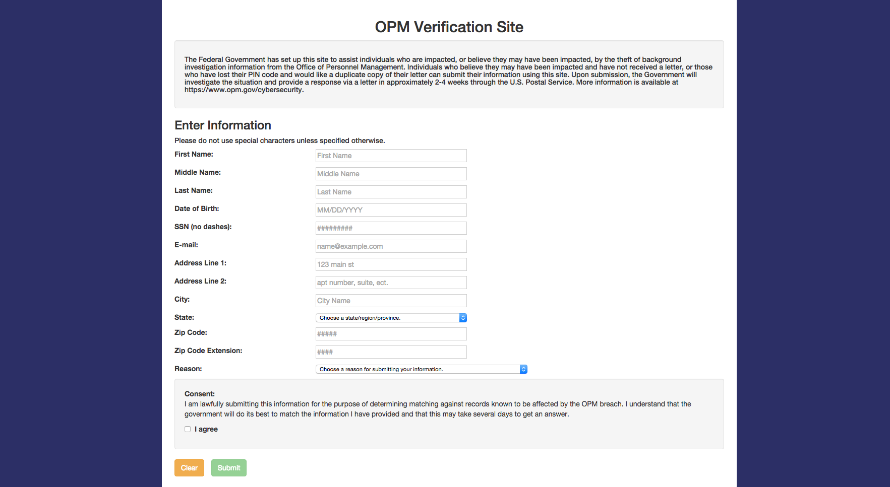 OPM form from the verification website.