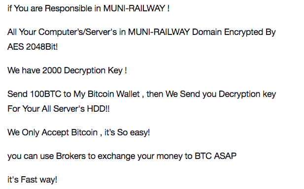 Original message from ransomware operator