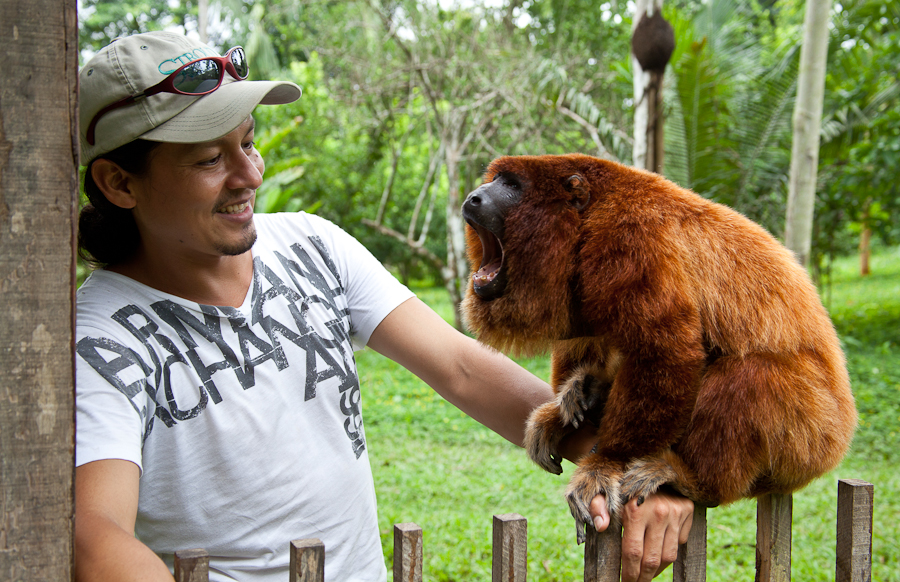 amazon-shelter Hombre sosteniendo a mono en la selva peruana