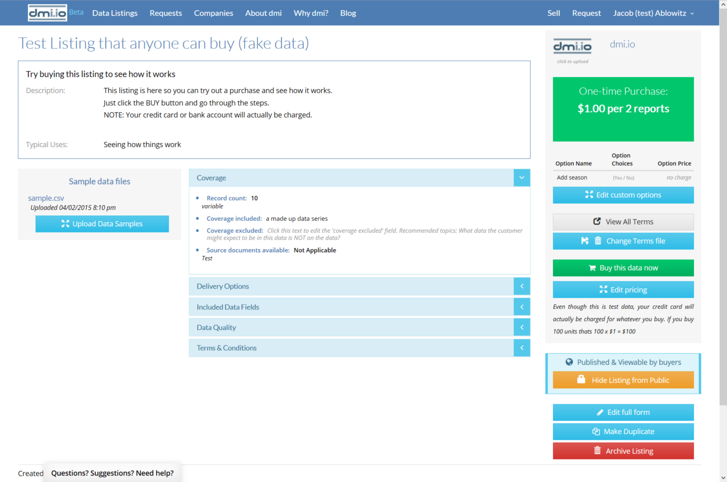 Buyer's perspective marketplace screen shot