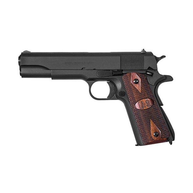Picture of  Auto-Ordnance 1911Bkow 1911 A1 GI Spec 45 Acp 7+1, 5" Stainless Steel Barrel, Matte Black Serrated Carbon Steel Slide & Frame W/Beavertail, Checkered Wood W/Integrated US Logo Grip