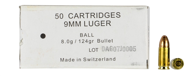 Picture of 366841000 Ball Swiss P 
9Mm Luger 124 GR Full Metal Jacket 50 Bx/20 CS