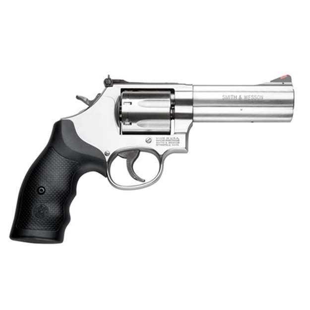Picture of  Smith & Wesson 164194 Model 686 Plus 357 Mag OR 38 S&W Spl +P Stainless Steel 4.12" Barrel, 7 Shot, Satin Stainless Steel L-Frame, Red Ramp Front/White Outline Rear Sights, Internal Lock 022188641943