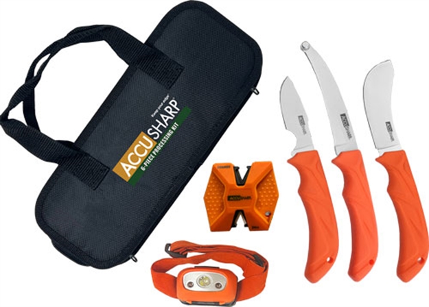 Picture of  Accusharp 738C Processing Kit  Fixed Butcher/Caping/Gutting Plain Stainless Steel Blades/Blaze Orange Non-Slip Grip 6 Piece Includes Nylon Case 015896007385