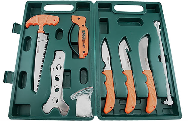 Picture of  Accusharp 728C Game Processing Kit Butcher/Caper/Gut-Hook/Bone Saw/Ribcage Spreader Gut Hook/Saw/Plain Stainless Steel Blade Orange Frn Handle 015896007286