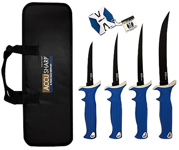 Picture of  Accusharp 737C Knife Kit  4.75/5.50/6.50/8" Fixed Fillet Plain Satin Stainless Steel Blade/ Blue Non-Slip Grip Tpr Handle Includes 2-Step Sharpener 015896007378
