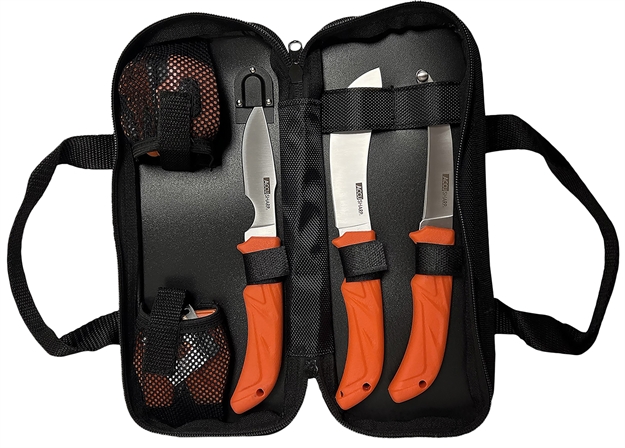Picture of  Accusharp 738C Processing Kit  Fixed Butcher/Caping/Gutting Plain Stainless Steel Blades/Blaze Orange Non-Slip Grip 6 Piece Includes Nylon Case