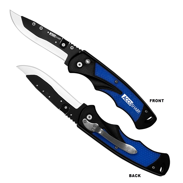 Picture of  Accusharp 743C Replaceable Blade Razor  3.50" Folding Plain Stainless Steel Blade/Royal Blue Ergonomic Anti-Slip Anodized Aluminum Handle/Includes 2 Replacement Blades/Belt Clip