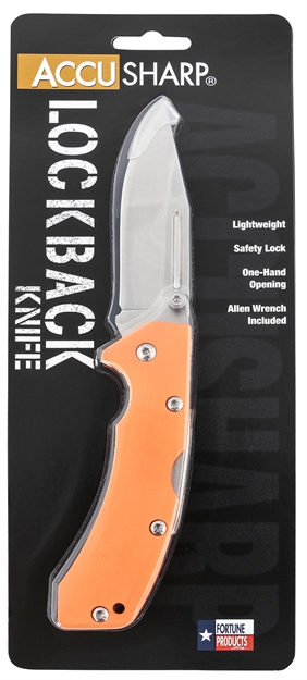 Picture of  Accusharp 712C Lockback  3" Folding Clip Point Plain Stainless Steel Blade/Blaze Orange G10 Handle Includes Allen Wrench