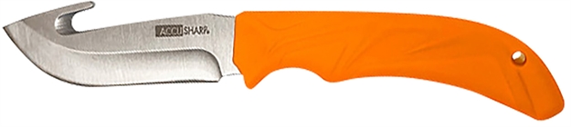 Picture of  Accusharp 729C Gut Hook  3.50" Fixed Gut Hook Plain Stainless Steel Blade/Blaze Orange Rubber Handle Includes Belt Carry Pouch