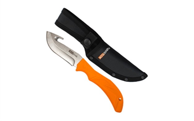 Picture of  Accusharp 729C Gut Hook  3.50" Fixed Gut Hook Plain Stainless Steel Blade/Blaze Orange Rubber Handle Includes Belt Carry Pouch 015896007293