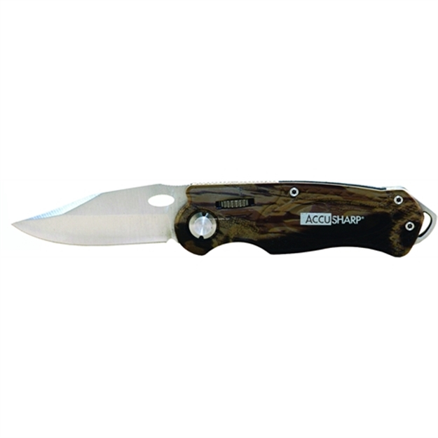 Picture of  Accusharp 704C Sport  3" Folding Plain Stainless Steel Blade/Camo Anodized Aluminum Handle Includes Belt Clip 015896007040