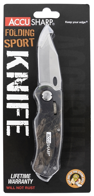 Picture of  Accusharp 704C Sport  3" Folding Plain Stainless Steel Blade/Camo Anodized Aluminum Handle Includes Belt Clip