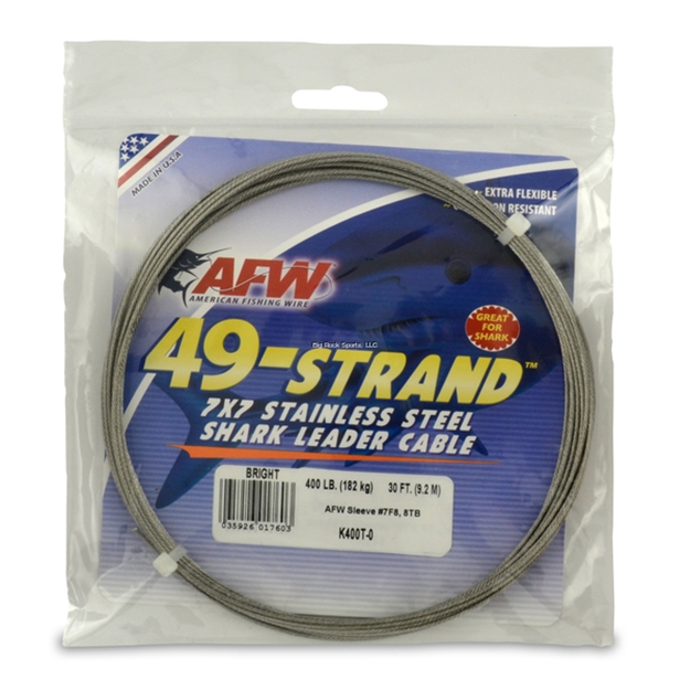 Picture of Afw 49 Strand, 7X7 Stainless Steel Shark Leader Cable, 400Lb (182Kg) Test, .054In (1.37Mm) Dia, Bright, 30 FT (9.2M)