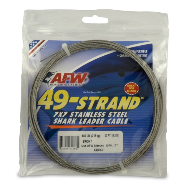 Picture of Afw 49 Strand, 7X7 Stainless Steel Shark Leader Cable, 480Lb (218Kg) Test, .062In (1.57Mm) Dia, Bright, 30 FT (9.2M)